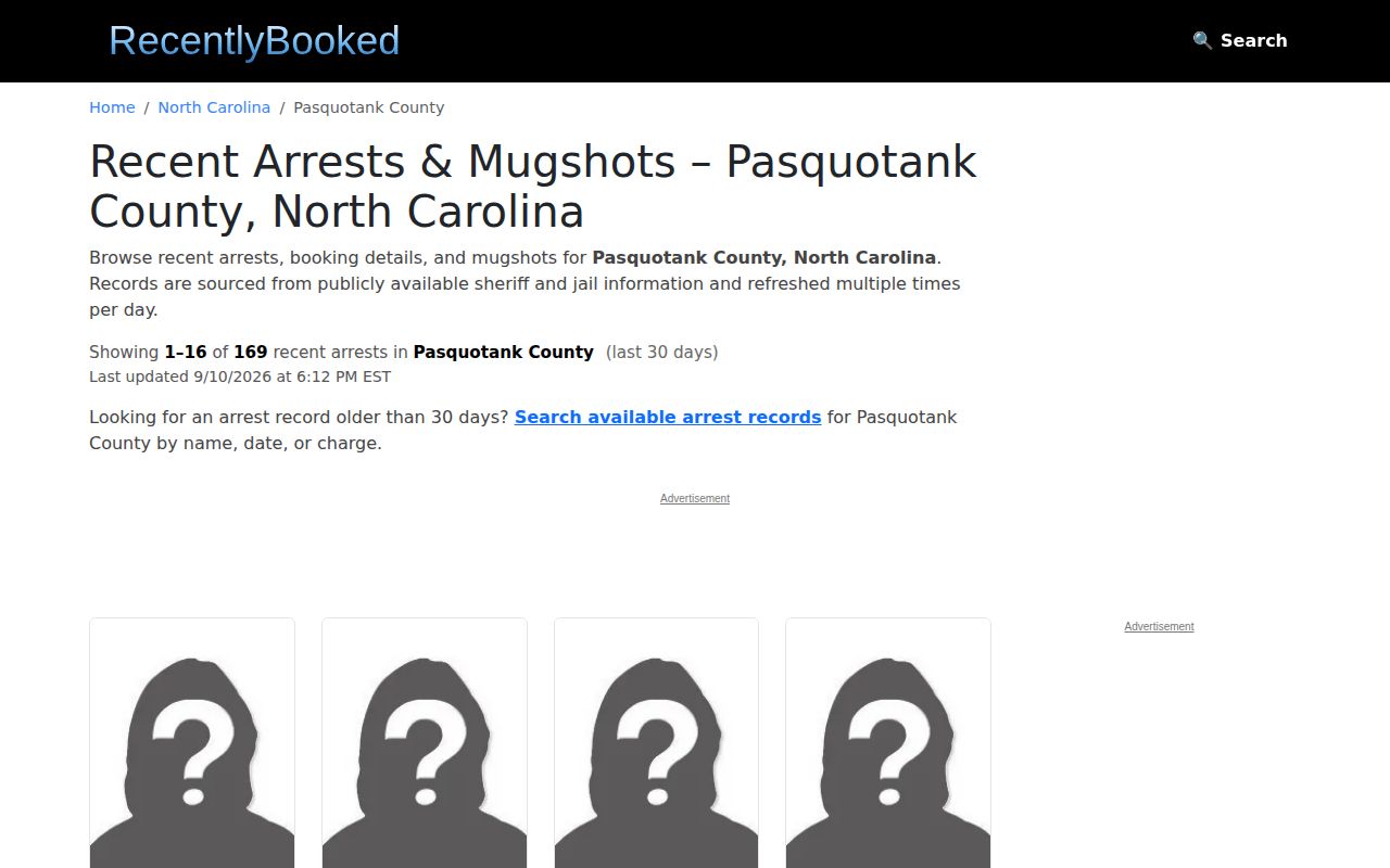RecentlyBooked thirty-day Pasquotank County arrest page