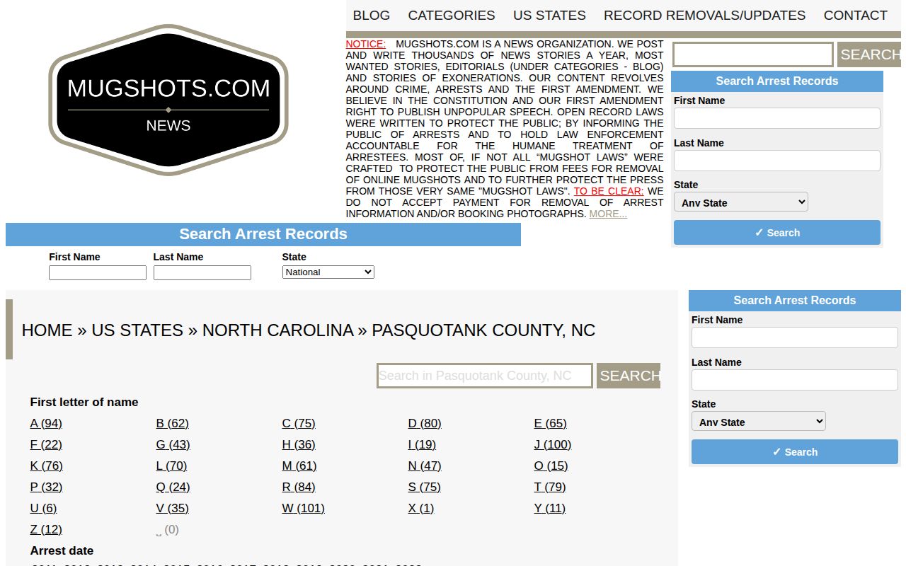 Unofficial Mugshots.com Pasquotank County archive interface