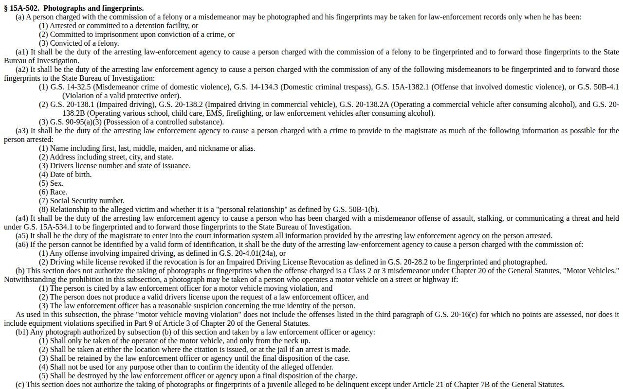 North Carolina arrest photograph and fingerprint statute