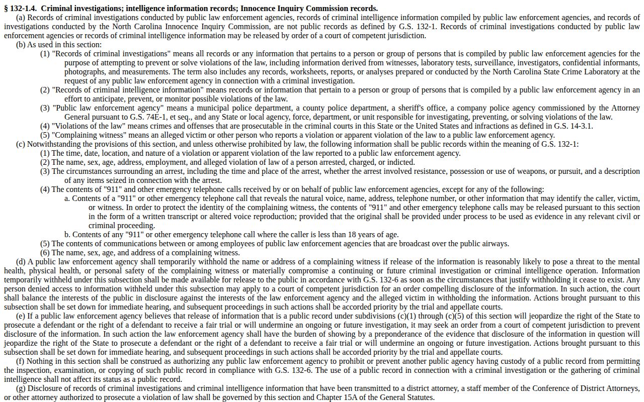 North Carolina criminal investigation and arrest information statute